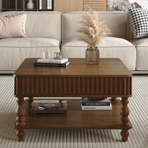 31.5 Inch Square Fluted Lift-Top <b>Coffee</b> <b>Table</b> With Hidden Storage Hydraulic Raising Mechanism Retro Solid Wood Legs - Product Image 2