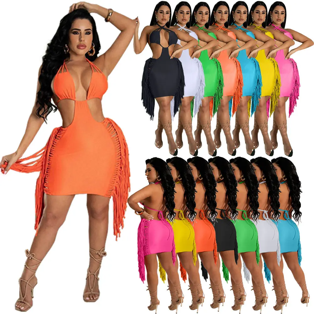 Backless Tassel Mini Summer Dress Sun Dresses 2022 Women Fringe Sexy Solid Halter Casual Dress Womens Clothing
