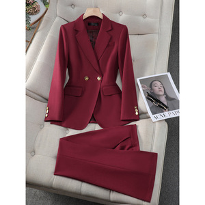 Women's Red Satin Suit Set Full Sleeve Office Lady Autumn Formal Wear - Product Image 1