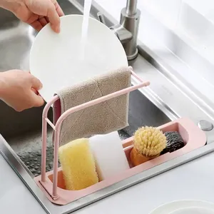 Prateleira de armazenamento telescópica, escorredor multifuncional ajustável para lavar louças, prateleira com esponja de sabão e cozinha