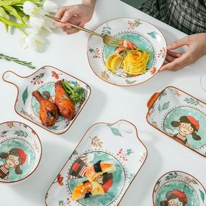 Plato de Cerámica con Diseño de Cuento de Hadas, Estilo Japonés, Plato Plano de Porcelana para Hornear con Dos Asas - Product Image 4