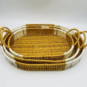 Set di 3 vassoi da portata in rattan con intarsio in madreperla, vassoio per sala da pranzo e caffè Boho da tavolo per frutta vassoio rettangolare per decorazione domestica, colore giallo