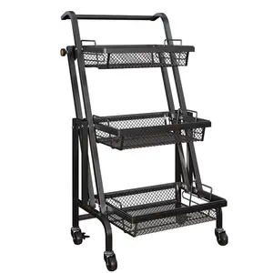 Großhandel Trolley Cart Metall Kunststoff verstellbar mit Abfluss korb und Griff 3 Tier Rollt rapez Rack