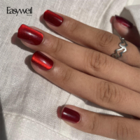 Faux ongles Easywell, nouveaux, courts, rouges, carrés, effet œil de chat, faits à la main, autocollants pour ongles, conception de marque privée, fournisseur d'ongles à presser