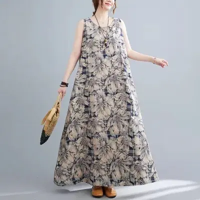 Vestido floral de verão feminino plus size de algodão e linho sem mangas com bolsos longo para senhora