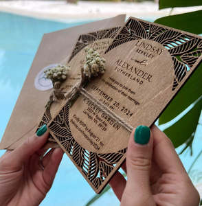 Cartes <span class=keywords><strong>d</strong></span>'invitation de mariage gravées au laser en bois, design artistique, cadeaux souvenirs pour invités, OEM ODM - Product Image 4