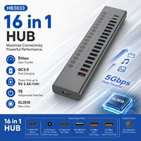 Hub USB 3.0 16-en-1 en aluminium avec ports multiples et interrupteurs individuels, charge rapide QC3.0, adaptateur 12V 8A – En stock