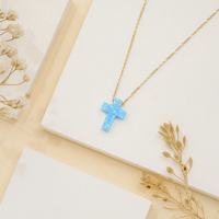 Nouveautés collier de bijoux fins 925 en argent sterling 18k or personnalisé bleu opale pierre croix pendentif collier
