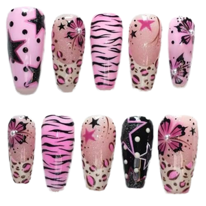30 Uñas Postizas Acrílicas Cuadradas Medianas, Decoradas con Perlas 3D, Diseño Y2K de Estrella de Cinco Puntas, Rayas de Zebra y Flores, Acabado Brillante - Product Image 1