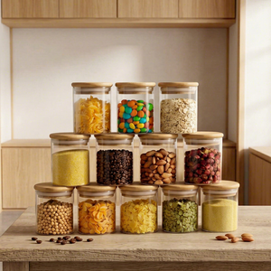 Ensemble de pots à épices en verre écologiques de 200 ml empilables hermétiques avec couvercle en bambou - Product Image 1