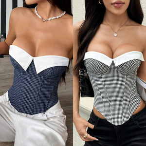 Top Corsé Ajustado Retro a Cuadros con Estampado Floral en la Parte Superior, Copa Acolchada, Corte Entallado, Novedad 2026 - Product Image 2