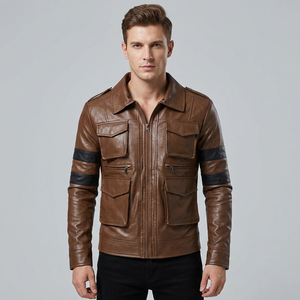 Brown Leather <b>Jacket</b> Multi Pocket Vintage Motorcycle Biker Outerwear Winter Coat <b>Slim</b> <b>Fit</b> Leather <b>Jacket</b> Casual Rider <b>Jackets</b> - Product Image 5