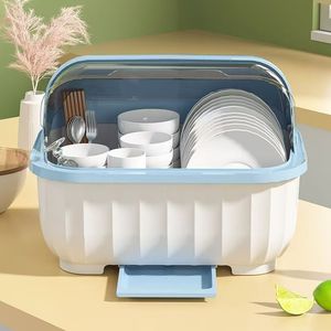 <b>Dish</b> <b>Rack</b> With Flip Top Lid Oval Shape Large Size Drain <b>Rack</b> For Kitchen Tableware Storage - Product Image 1