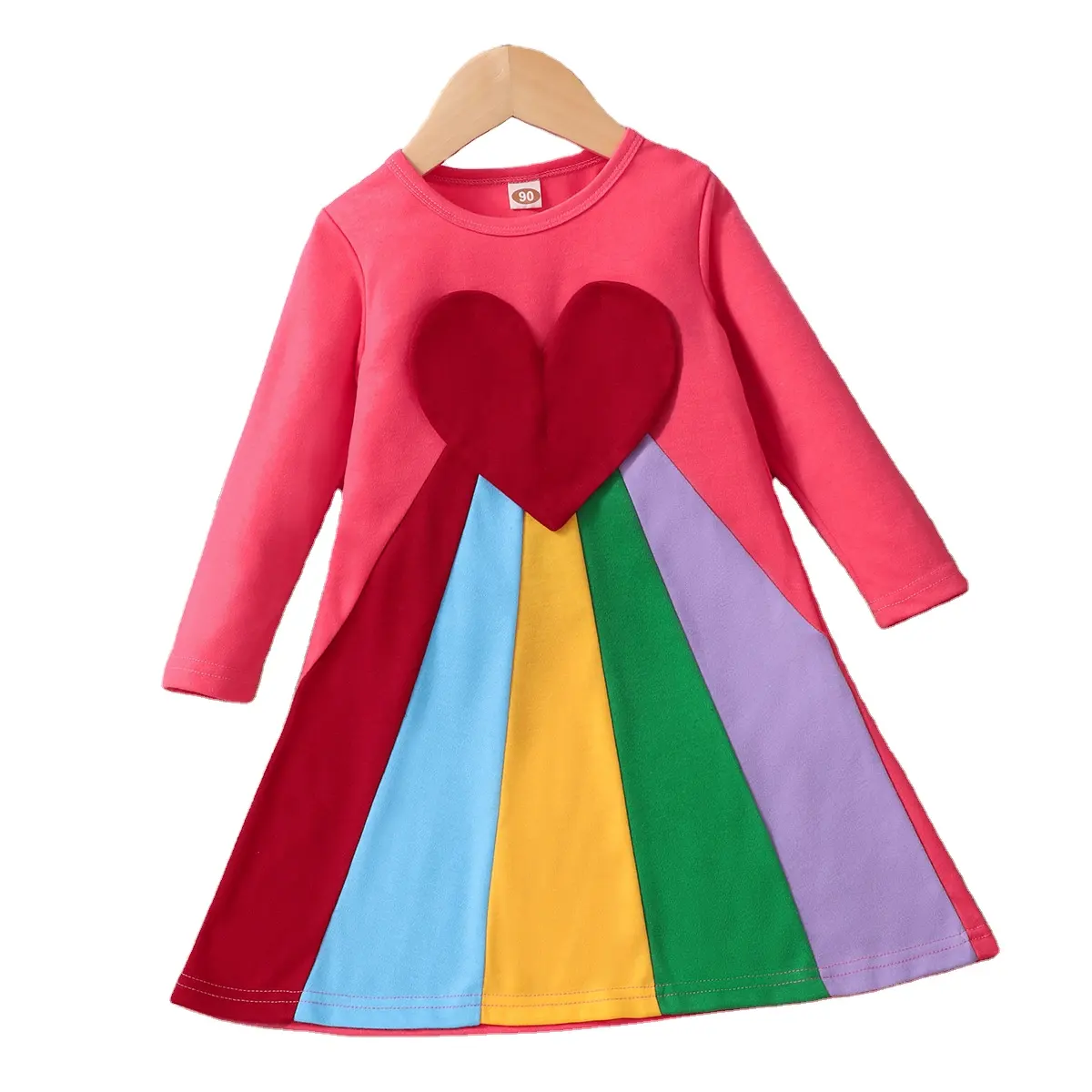 Vestido de manga longa para crianças, vestido colorido amor gola arco-íris