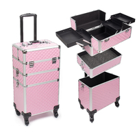 Chariot de Maquillage 3-en-1 en Aluminium Grande Mallette de Beauté Coiffure Onglerie Organiseur Cosmétique