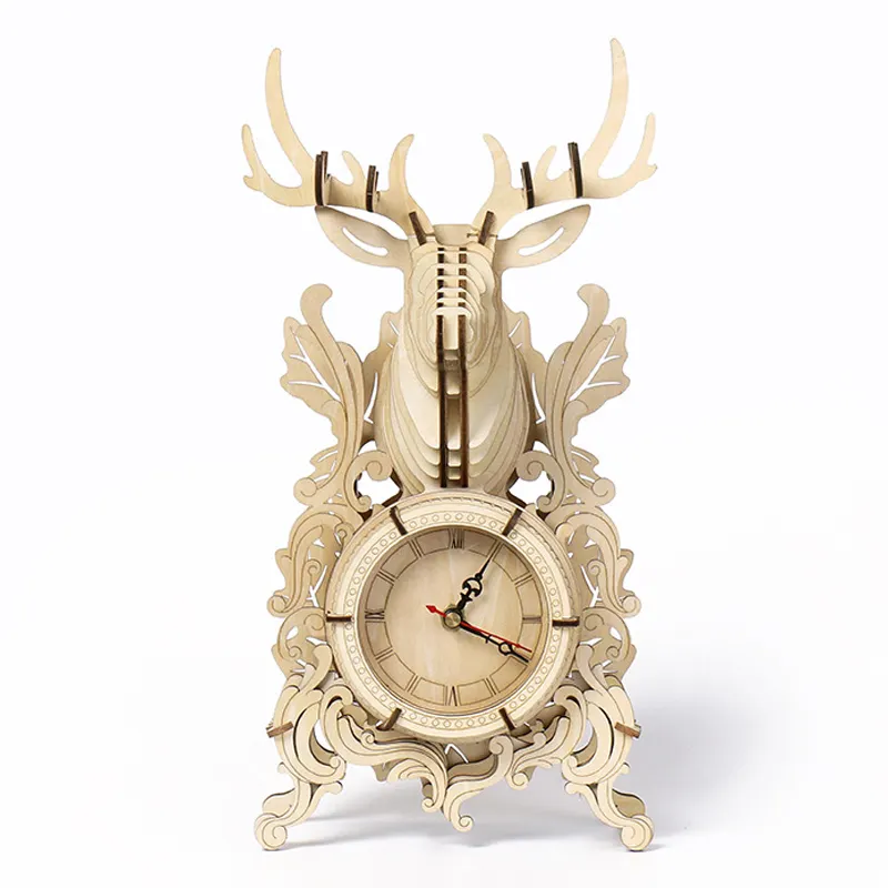 Wood Crafts Desk Clock Model Ornaments DIY Assembled Kids Educational Splicing Toy Special Shape Elk 3D Wooden Puzzle