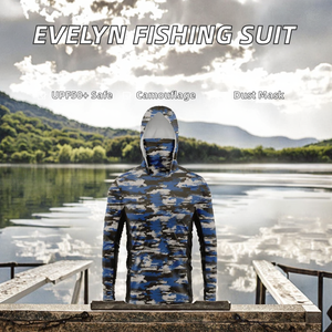 Combinaison de pêche d'été à manches longues pour homme EVELYN, taille plus, UPF 50+, avec capuche, protection UV, masque anti-poussière, camouflage bleu clair, impression OEM - Product Image 2