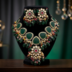 Ensemble collier et boucles d'oreilles en laiton Kundan avec travail de pierres Meenakari, fait main, personnalisé, tendance, pour mariage et cadeau, bijoux de mode - Product Image 3