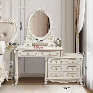 White Carved Wood Makeup <b>Vanity</b> Set Oval Mirror Dressing <b>Table</b> Storage Cabinet Bedroom Furniture - Product Image 2