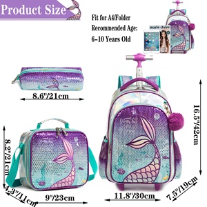 Mermaid Rolling Girls Sac à dos avec roues Sac d'école Trolley Bagages de voyage avec boîte à lunch pour étudiant d'âge préscolaire - Product Image 2