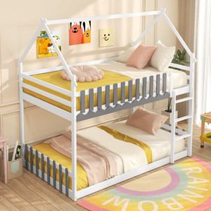 Litera doble Piso bajo Marco de cama de madera maciza para niños con <span class=keywords><strong>valla</strong></span> y <span class=keywords><strong>escalera</strong></span> para niños para la escuela Blanco - Product Image 1