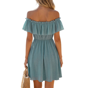 Off Shoulder Ruffle Chiffon Sundress <b>Elastic</b> Waist A-Line Mini Loose Fit Solid Color Summer Beach <b>Dress</b> - Product Image 3