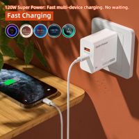 Chargeur mural rapide USB C PD 120W QC3.0 avec protections OTP OVP OCP, ignifuge, 1x USB, prise EU/US/UK, pour téléphone portable