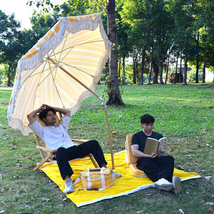 Sombrilla de Playa Vintage de 8 pies con Rayas de Cabana y Borlas, Parasol de Madera con Borde Festoneado y Inclinación de Aleación de Zinc, Parasol para la Orilla del Mar - Product Image 6