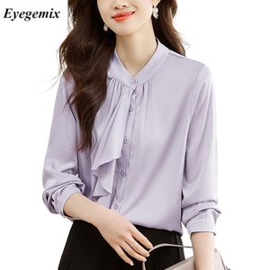 8742 # moda estilo coreano blusa mujer blanco de manga larga sólido satén blusas camisa con <span class=keywords><strong>volantes</strong></span> - Product Image 1