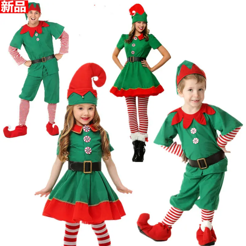 Christmas Elf Costume Holiday Elf Outfit Green Sassy Elf Family Clothes for Kids Girls Boys Adult Women Men Couples