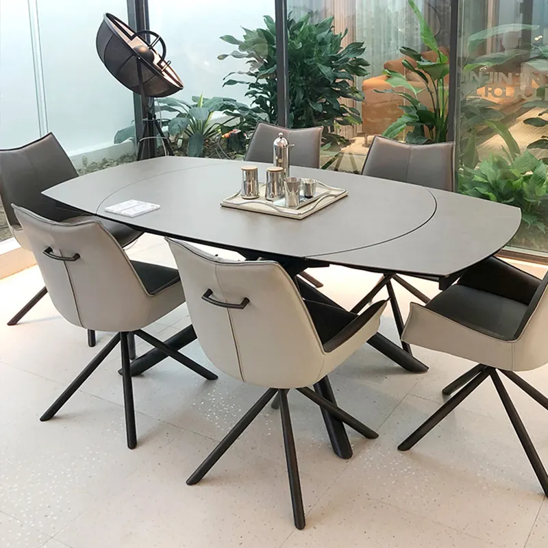 Conjunto de mesa de jantar de pedra extensível 6 lugares Oka Conjunto de mesa de jantar de jardim 6 cadeiras móveis de luxo concreto