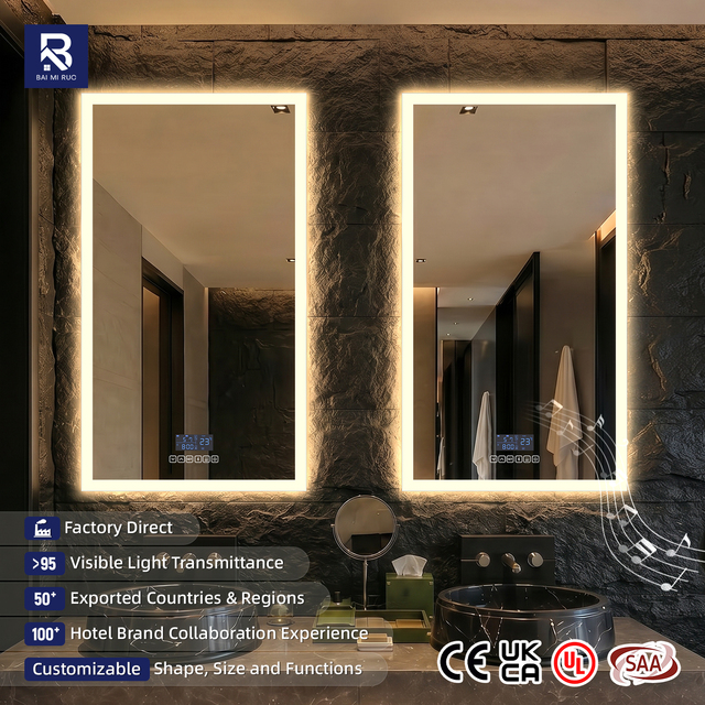 5-Star Hotel Smart LED Mirror Bluetooth Speaker Digital Clock Front-lit Rectangle Bathroom Mirror Anti-Fog Custom Project