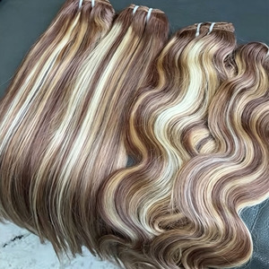 Extensions de Cheveux Humains Brésiliens Remy Vierges Bruts Super Double Drawn, Ondulés et Lisses, avec Mèches Blondes - Product Image 1
