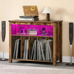 Support de <span class=keywords><strong>platine</strong></span> <span class=keywords><strong>vinyle</strong></span> pouvant contenir jusqu'à 200 albums Grand support de tourne-disque avec prises de courant et lumières LED Marron - Product Image 4