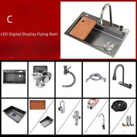 Robinet de cuisine multifonctionnel en acier inoxydable 304 avec écran numérique, sans MOQ, à extraction en cascade, noir nano, avec évier à cuve unique