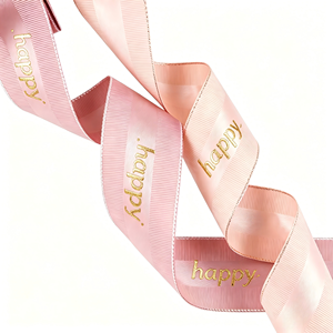Cinta de Grosgrain de Poliéster/Algodón Azul Claro de 1-1/2 Pulgadas con Texto Feliz Impreso en Lámina Dorada, de una Sola Cara, Certificada OEKO-TEX - Product Image 3