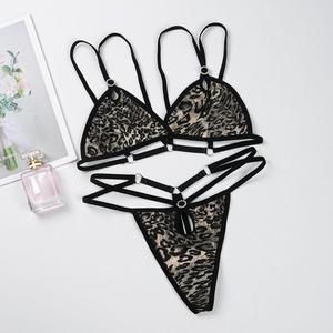 Conjunto de lencería sexy con estampado de leopardo y tiras para mujer, Bralette morado de dos piezas, Tanga, ropa íntima exótica ajustable - Product Image 3