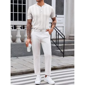 2025 Men's Casual Cotton Knit Textured Stretch Pullover Sweater Short Sleeve <b>Henley</b> <b>Shirts</b> - Product Image 4