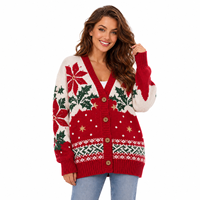 Cardigan de Noël surdimensionné pour femme, motif Poinsettia, col en V, boutonné, manches longues, style Fair Isle, veste en tricot pour les fêtes