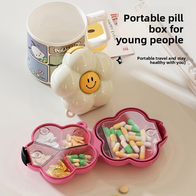 Portable Small Sealed Medicine Dispenser Flower Pill Box PP Plastic with Aluminum Metal Mini Pill Storage Box