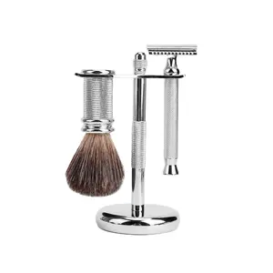 Classic Shaving Brush And Razor Set Badger Hair Brush Knot Shaving Brush Double Edge Safety Razor Kit Long Handle DE Razor