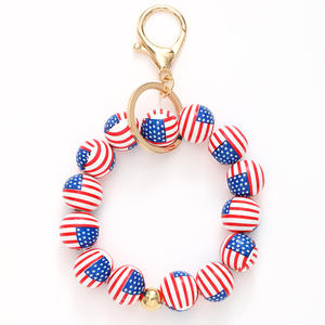 En bois rouge blanc bleu jour de l'indépendance américaine couleur plein écran étoile bracelet porte-clés sac de voiture porte-clés pendants en gros - Product Image 6