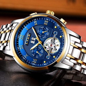Reloj mecánico de lujo Lige Tourbillon para hombre, automático, con correa de acero inoxidable, esfera azul, 42mm, 30bar, resistente al agua, cierre plegable - Product Image 3