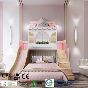 Solo para Empresas MOQ 50 Cama Alta Tipo Casita para Niña Color Rosa con Tobogán Almacenamiento y <span class=keywords><strong>Escaleras</strong></span> de MDF Contrachapado para Dormitorios Infantiles - Product Image 1
