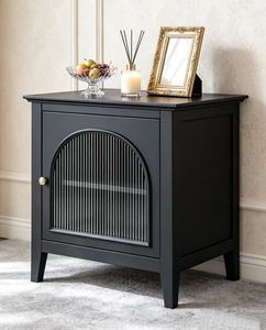 Modern Black Solid Wood Nightstand,Arched Fluted Glass Door Brass Knob Tapered Leg Bedside Cabinet for Bedroom <b>Night</b> <b>Stand</b> - Product Image 6