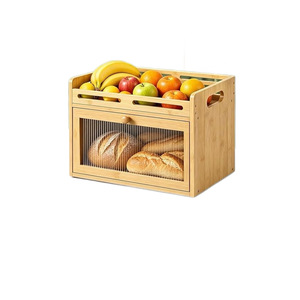 Boîte à pain en bambou avec porte transparente, étagère à fruits et légumes à couvercle rabattable, armoire de rangement en bois massif, type tiroir de cuisine - Product Image 5