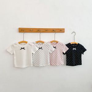 <span class=keywords><strong>Camiseta</strong></span> de Verano para Niña, Color Sólido con Puntos, <span class=keywords><strong>Manga</strong></span> <span class=keywords><strong>Corta</strong></span>, Lazo y Ribetes - Product Image 3