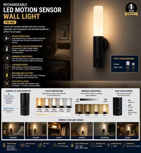 Lampe murale rechargeable à détecteur de mouvement avec éclairage fluorescent et température de couleur réglable – Économe en énergie - Product Image 1