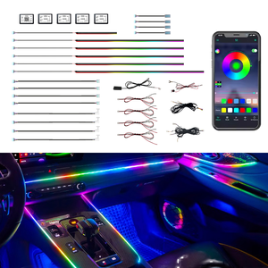 RGB multiwarna 18-in-1 <span class=keywords><strong>Kit</strong></span> lampu atmosfer mobil pintu/pijakan kaki/dasbor dengan aplikasi <span class=keywords><strong>Bluetooth</strong></span> & sinkronisasi simfoni plastik/akrilik - Product Image 1