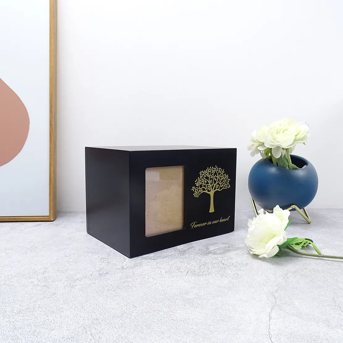 Black tree of life urn solid wooden pet memorial urns with photo frame dog funeral box